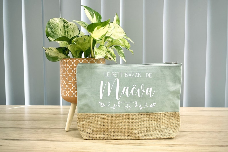 Large personalized cotton and jute pencil case, Gift for Mom, Teacher, Nanny... to personalize. 8 colors to choose from Sauge