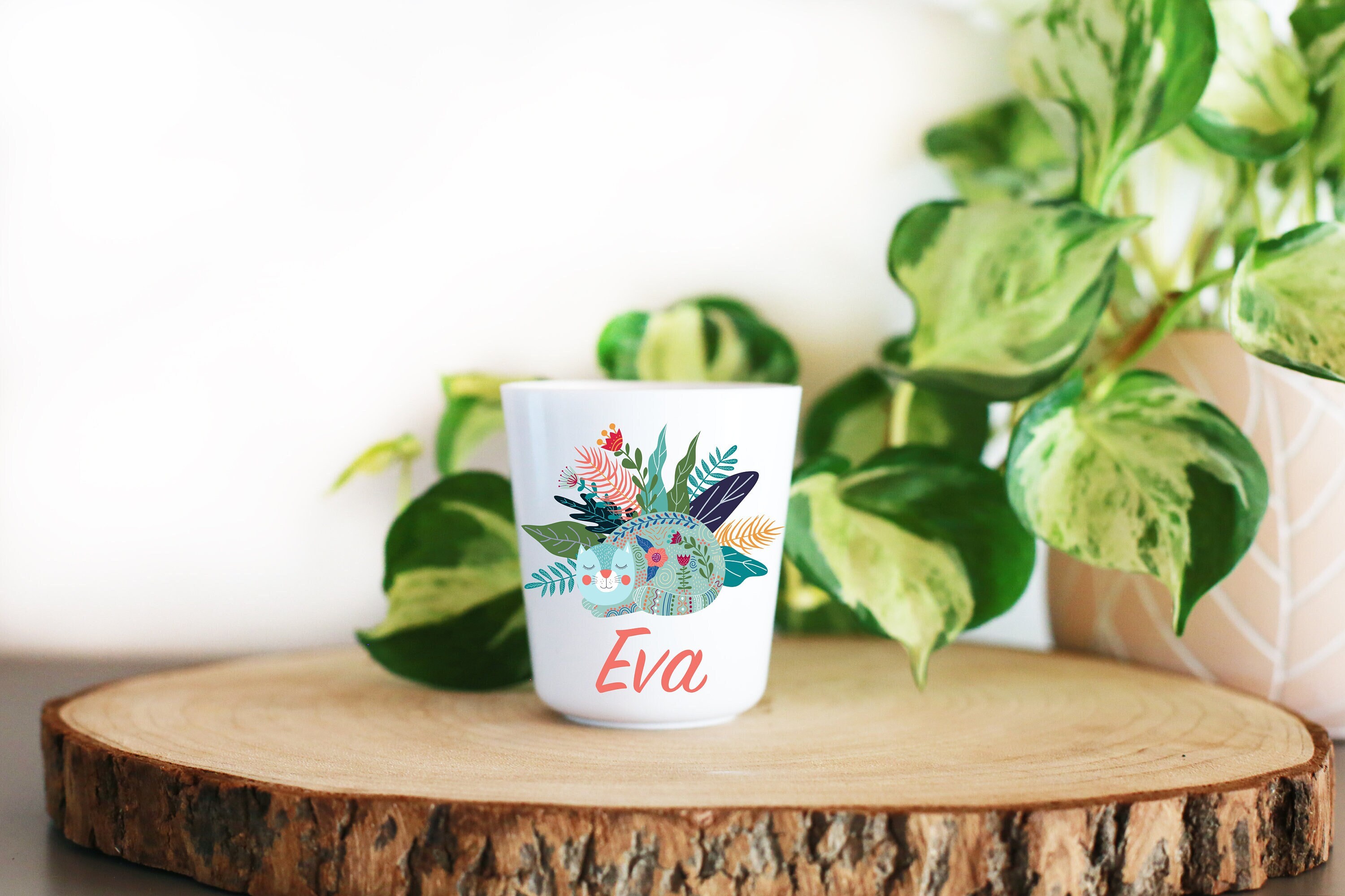 Gobelet Plastique Enfant Personnalisé, Chat et Fleurs