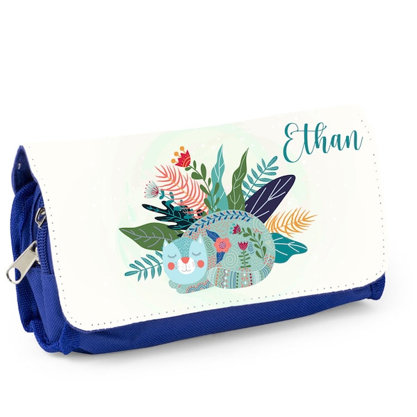 Trousse d'école personnalisée, Bleu ou rose, Chat et Fleurs