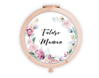 Miroir en métal de poche à personnaliser, Modèle Couronne de fleurs Roses et Violettes + Pochon cadeau