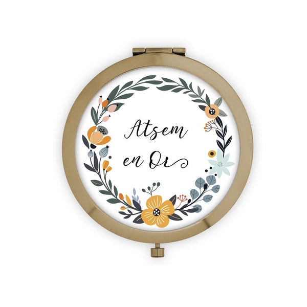 Miroir en métal de poche à personnaliser, Couronne de fleurs vintage + Pochon cadeau