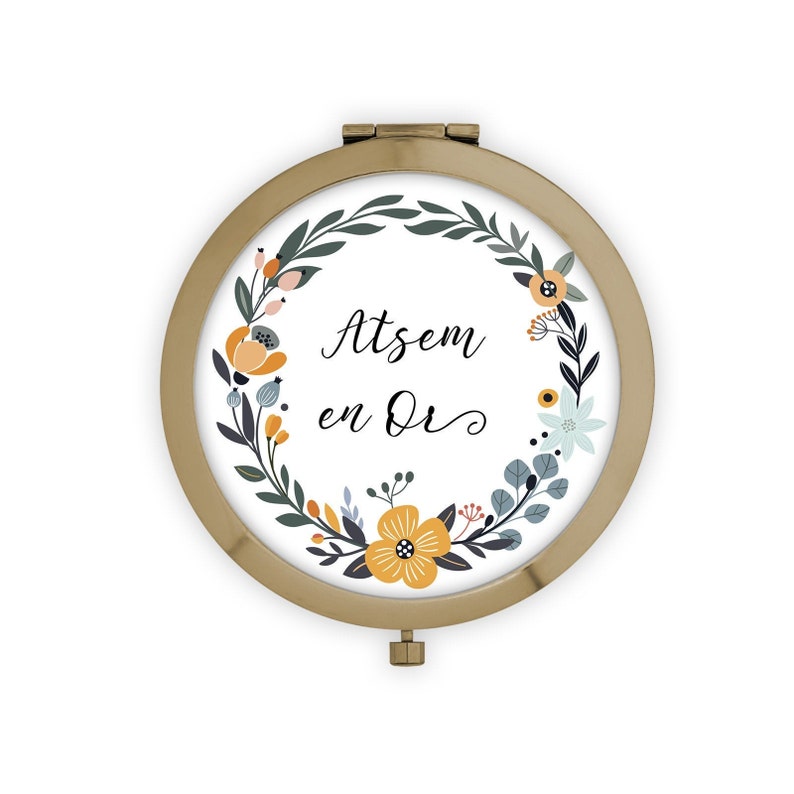 Miroir en métal de poche à personnaliser, Couronne de fleurs vintage Pochon cadeau image 1