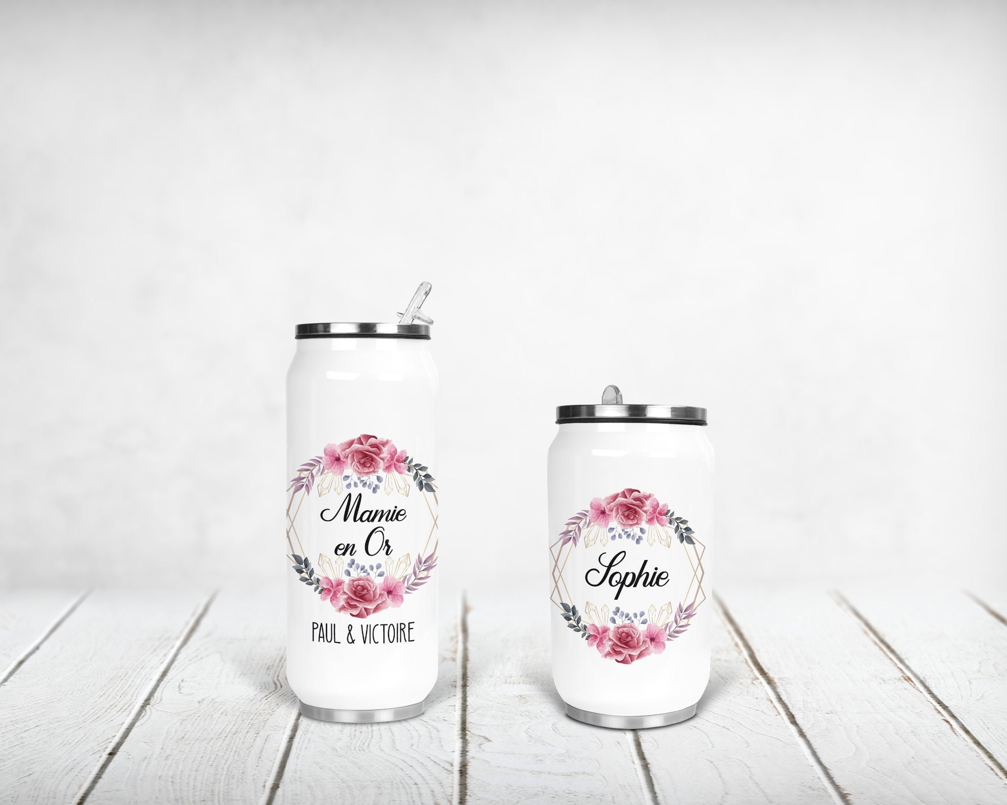 Canette Isotherme Personnalisée, Couronne de Fleurs, Roses et Or