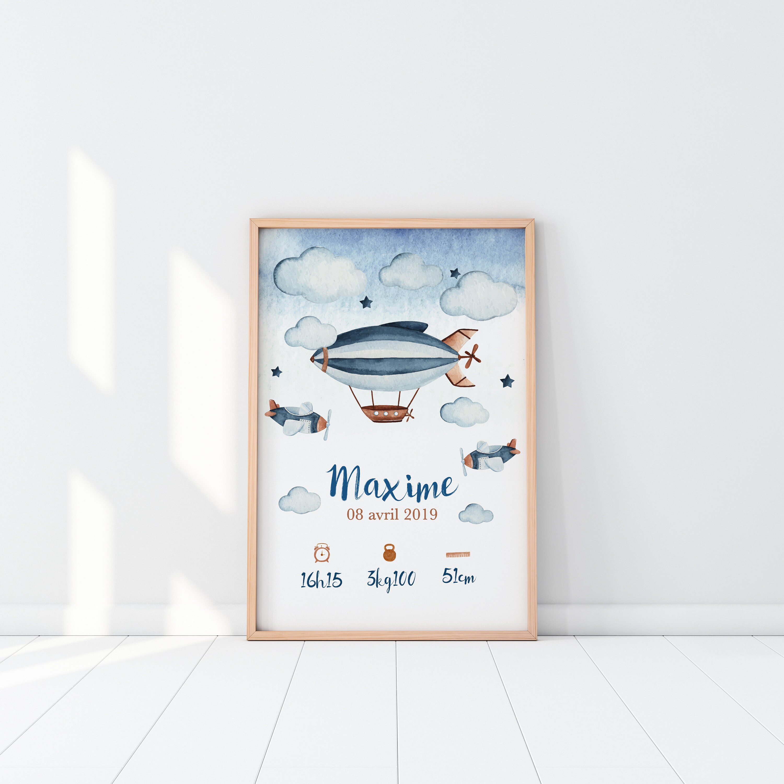 Affiche de Naissance à Personnaliser, Zeppelin, Style Aquarelle - Modèle Maxime