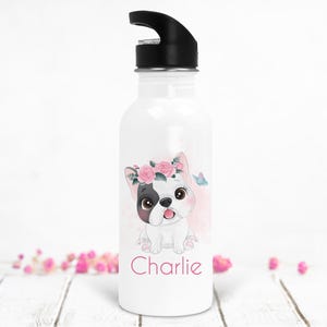 Personalized water bottle, Different models to choose from, Pink background dog