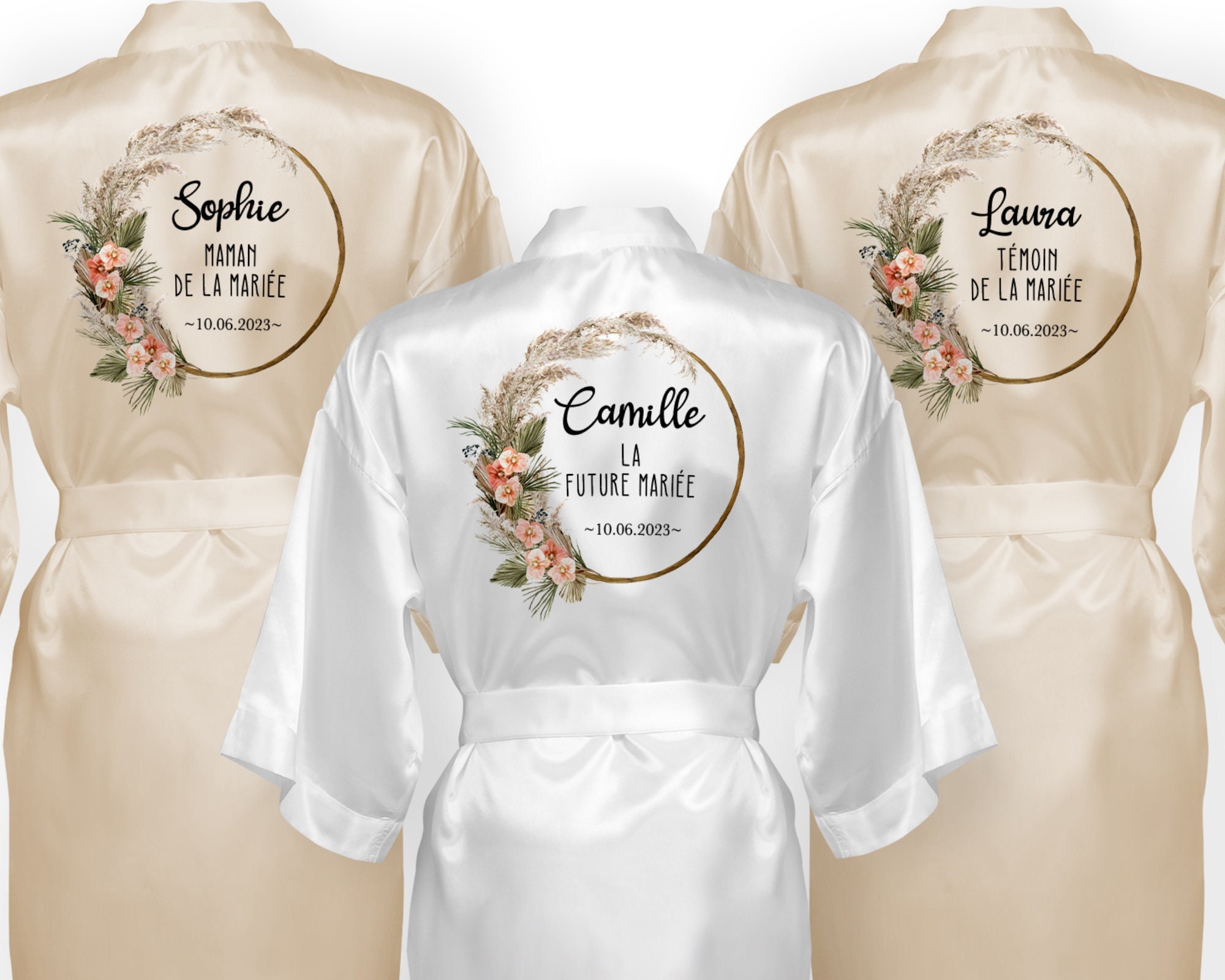 Accappatoio in raso personalizzato per Matrimonio, EVJF, Corona di fiori,  modello Boho -  Italia