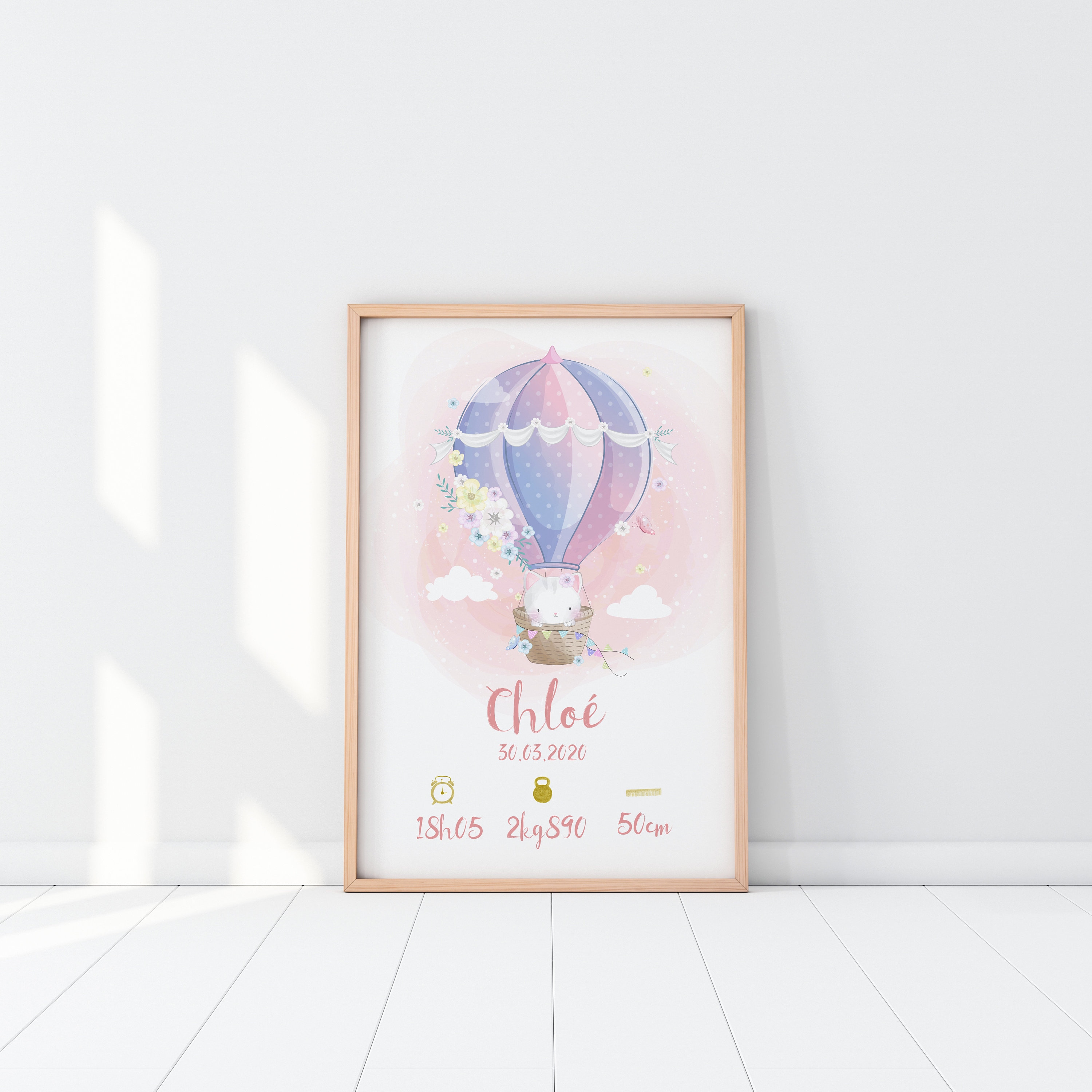 Affiche de Naissance à Personnaliser, Animal en Montgolfière, Style Aquarelle - Modèle Chloé