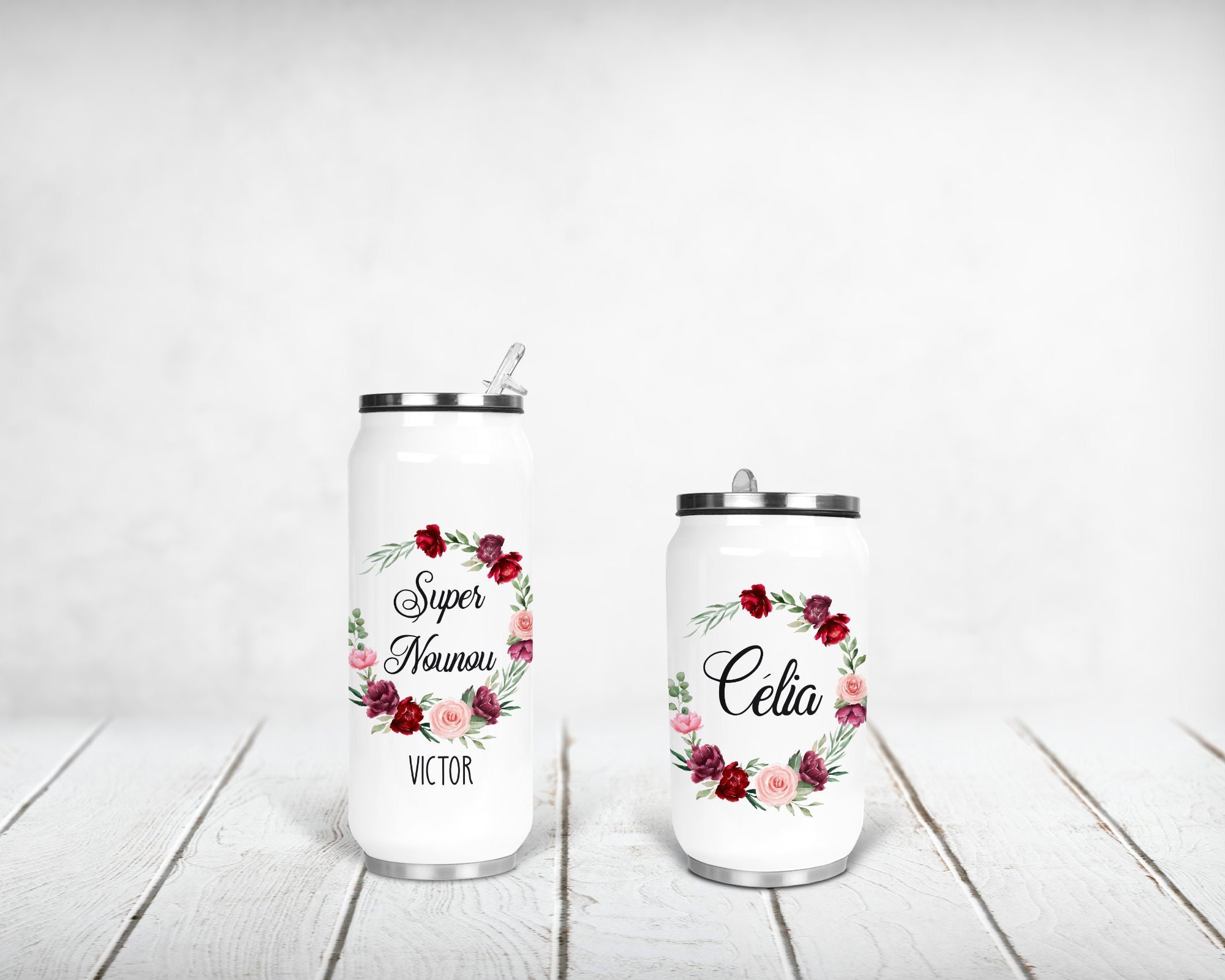 Canette Isotherme Personnalisée, Couronne de Fleurs, Roses en Dégradé