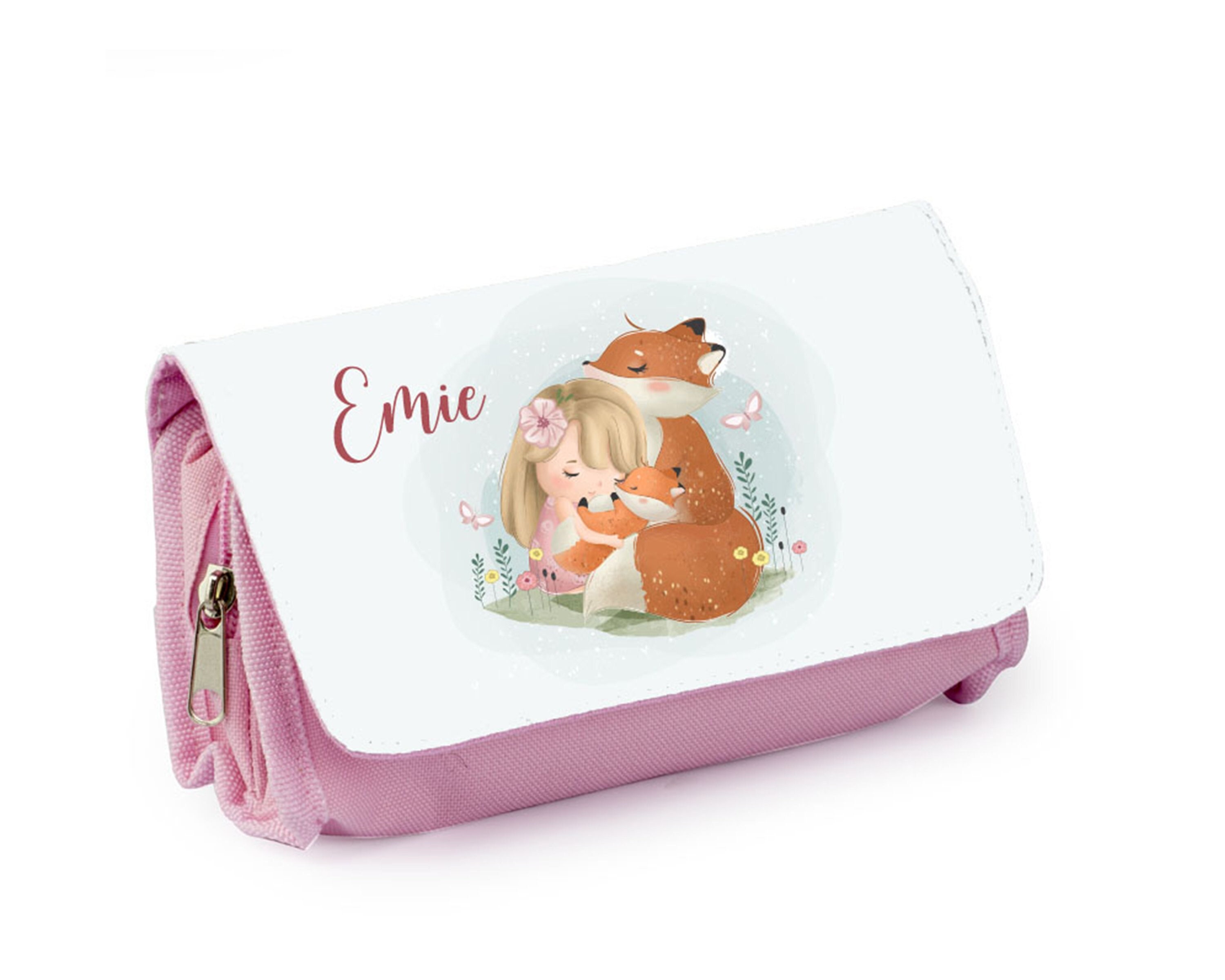 Trousse d'école Personnalisée, Bleu ou Rose, Petite Fille Aux Renards