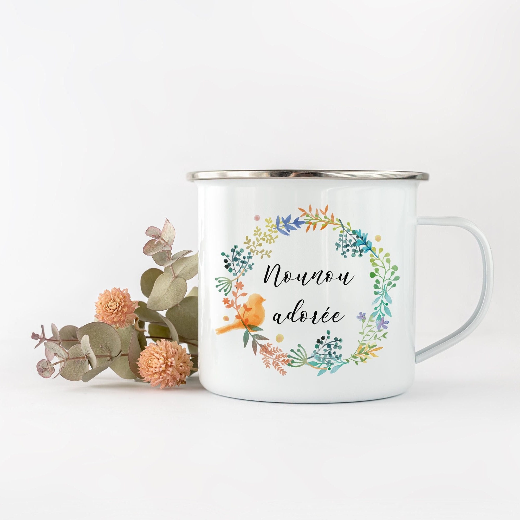 Tasse Camping Personnalisée, 270 ou 530Ml, Couronne de Fleurs, Oiseaux et Fleurs