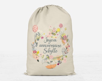 Sac d'anniversaire personnalisé, Hotte à cadeaux personnalisable, Couronne de fleurs