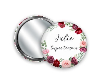 Miroir de poche à personnaliser, Couronne de fleurs, Roses en dégradé + Pochon cadeau