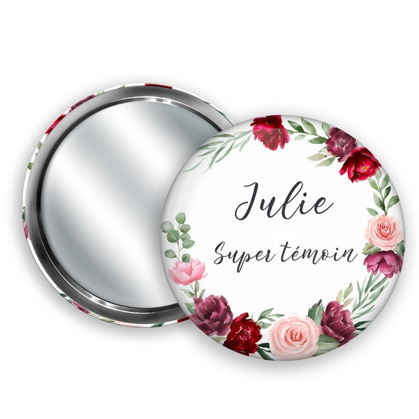 Miroir de poche à personnaliser, Couronne de fleurs, Roses en dégradé + Pochon cadeau