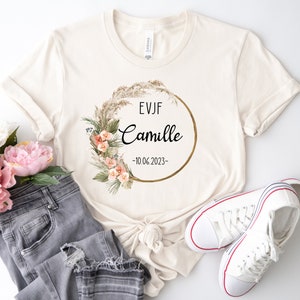 Tee Shirt EVJF personnalisé, Coupe ample unisexe, 100% Coton Bio, 24 couleurs au choix, Couronne de fleurs, Modèle Bohème Ivoire