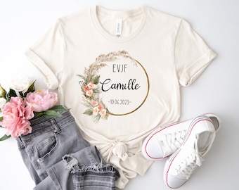 Personalisiertes EVJF-T-Shirt, lockerer Unisex-Schnitt, 100 % umweltfreundliche Bio-Baumwolle, 40 Farben zur Auswahl, Blumenkrone, Boho-Modell