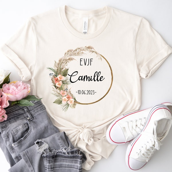 Tee Shirt EVJF personnalisé, Coupe ample unisexe, 100% Coton Bio, 24 couleurs au choix, Couronne de fleurs, Modèle Bohème