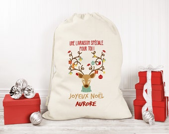 Sac de Noël personnalisé, Hotte à cadeaux personnalisable, Livraison cadeaux Renne de Noël