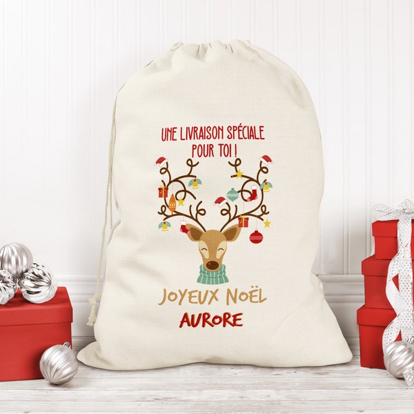 Sac de Noël personnalisé, Hotte à cadeaux personnalisable, Livraison cadeaux Renne de Noël