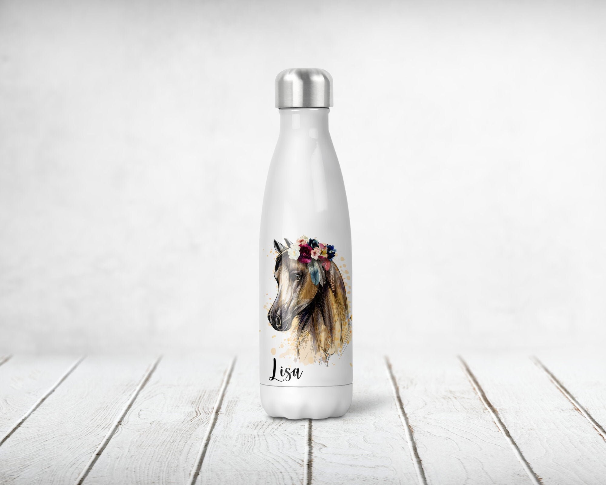 Bouteille Isotherme Personnalisée, Cheval et Fleurs