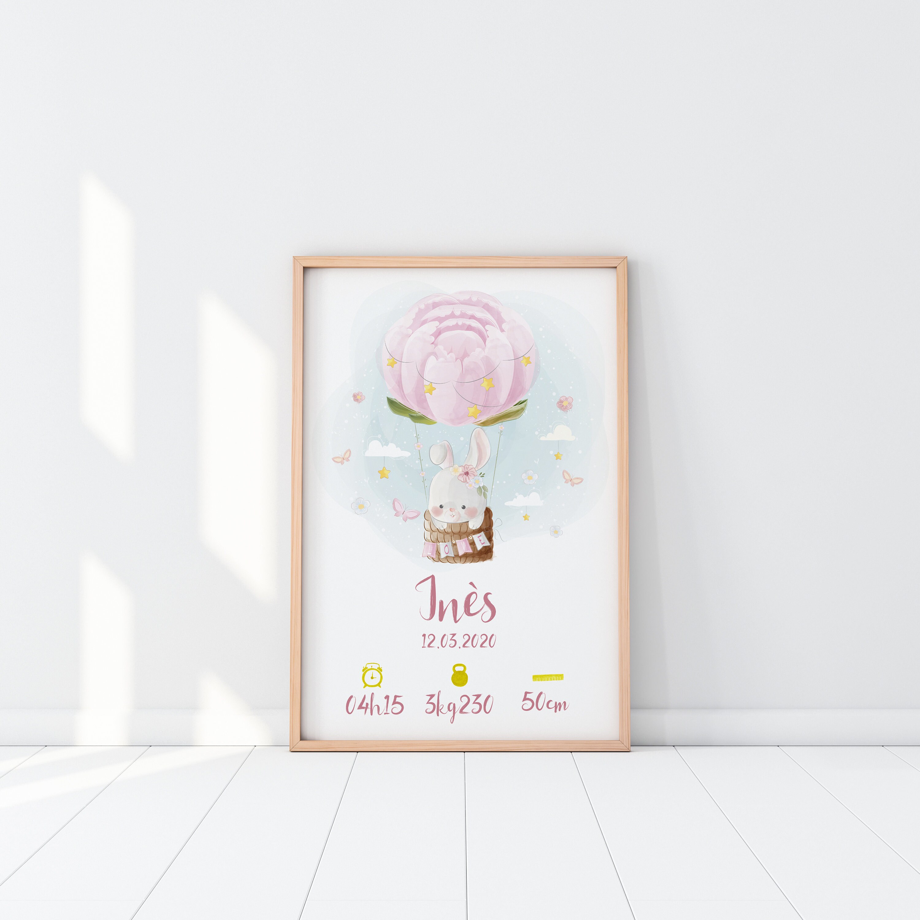 Affiche de Naissance à Personnaliser, Animal en Montgolfière, Style Aquarelle - Modèle Inès