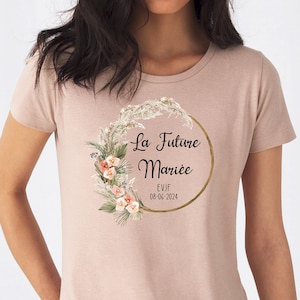 Tee Shirt EVJF personnalisé, Coupe classique Femme, 17 couleurs au choix, Couronne de fleurs, Modèle Bohème Vieux rose