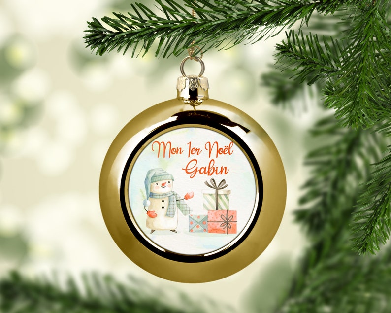 Boule de Noël personnalisée, décoration sapin à personnaliser, Bonhomme de Neige Or