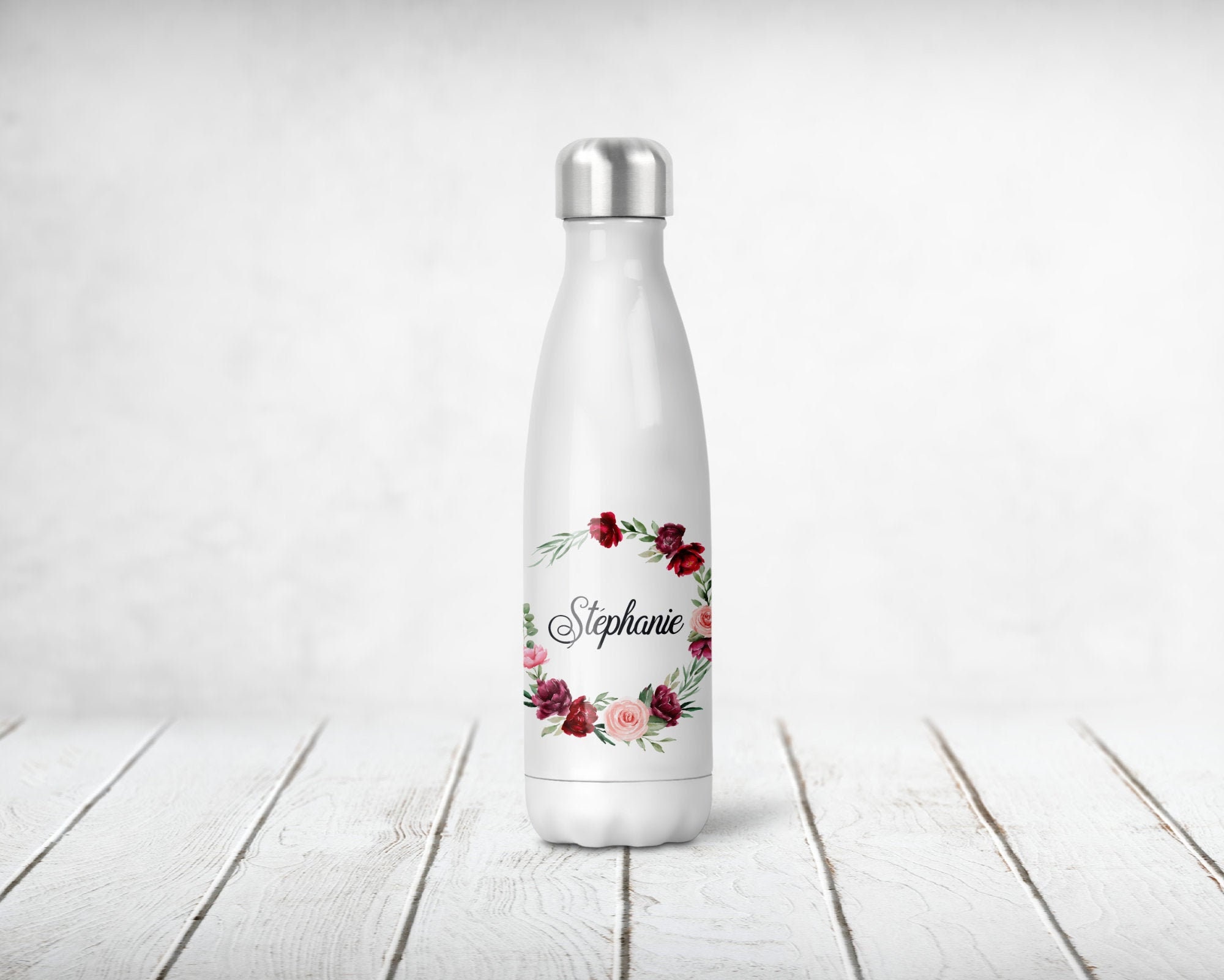 Bouteille Isotherme Personnalisée, Couronne de Fleurs, Roses en Dégradé