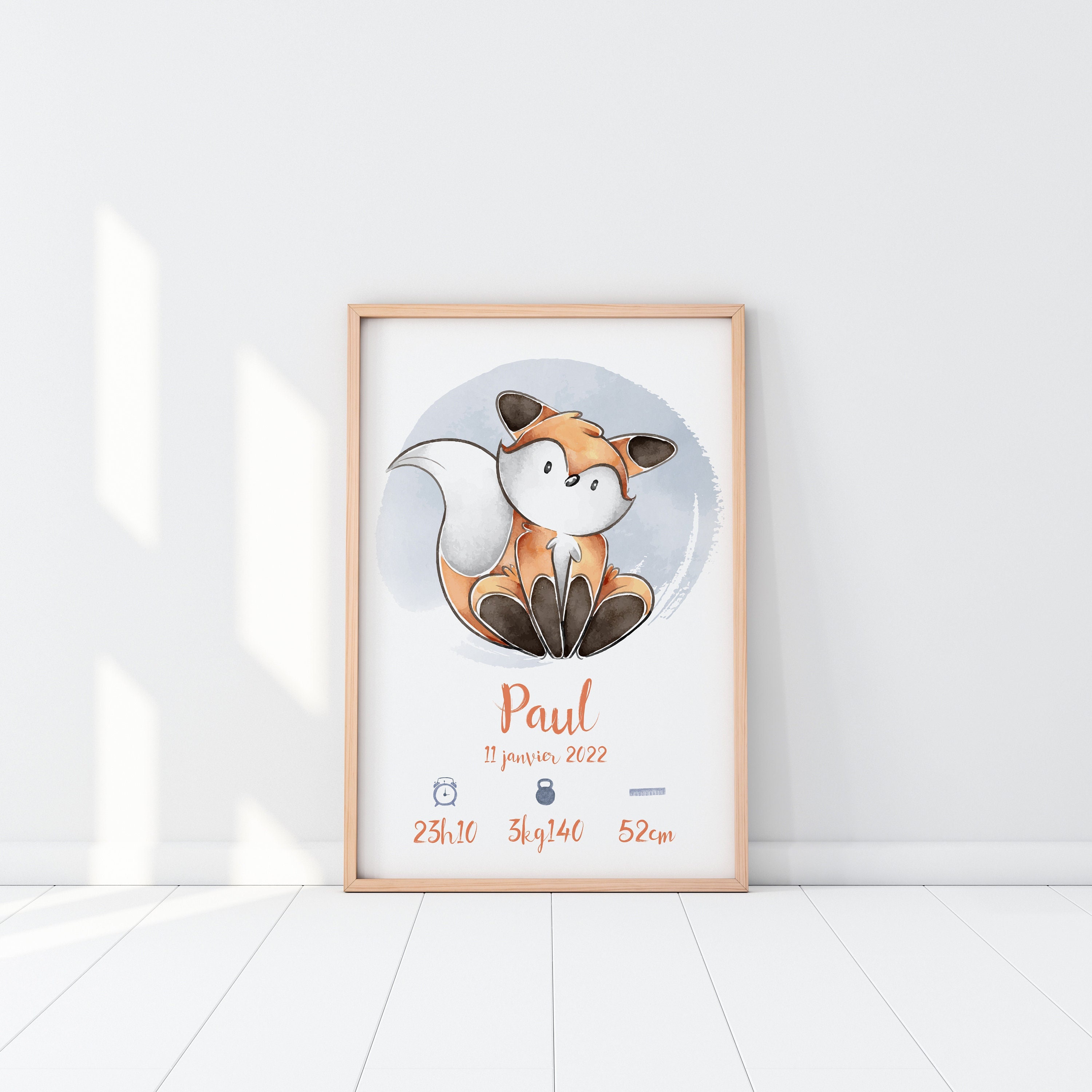 Affiche de Naissance à Personnaliser, Renard, Style Aquarelle - Modèle Paul