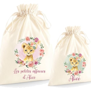 Pochon personnalisé pour enfant, sac de rechange, rangement, Modèle Lionne et fleurs
