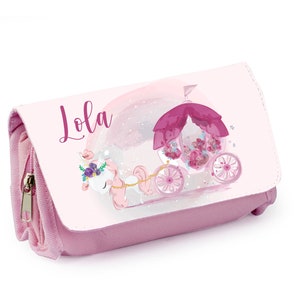 Trousse d'école personnalisée, Bleu ou rose, Licorne et carrosse de princesse