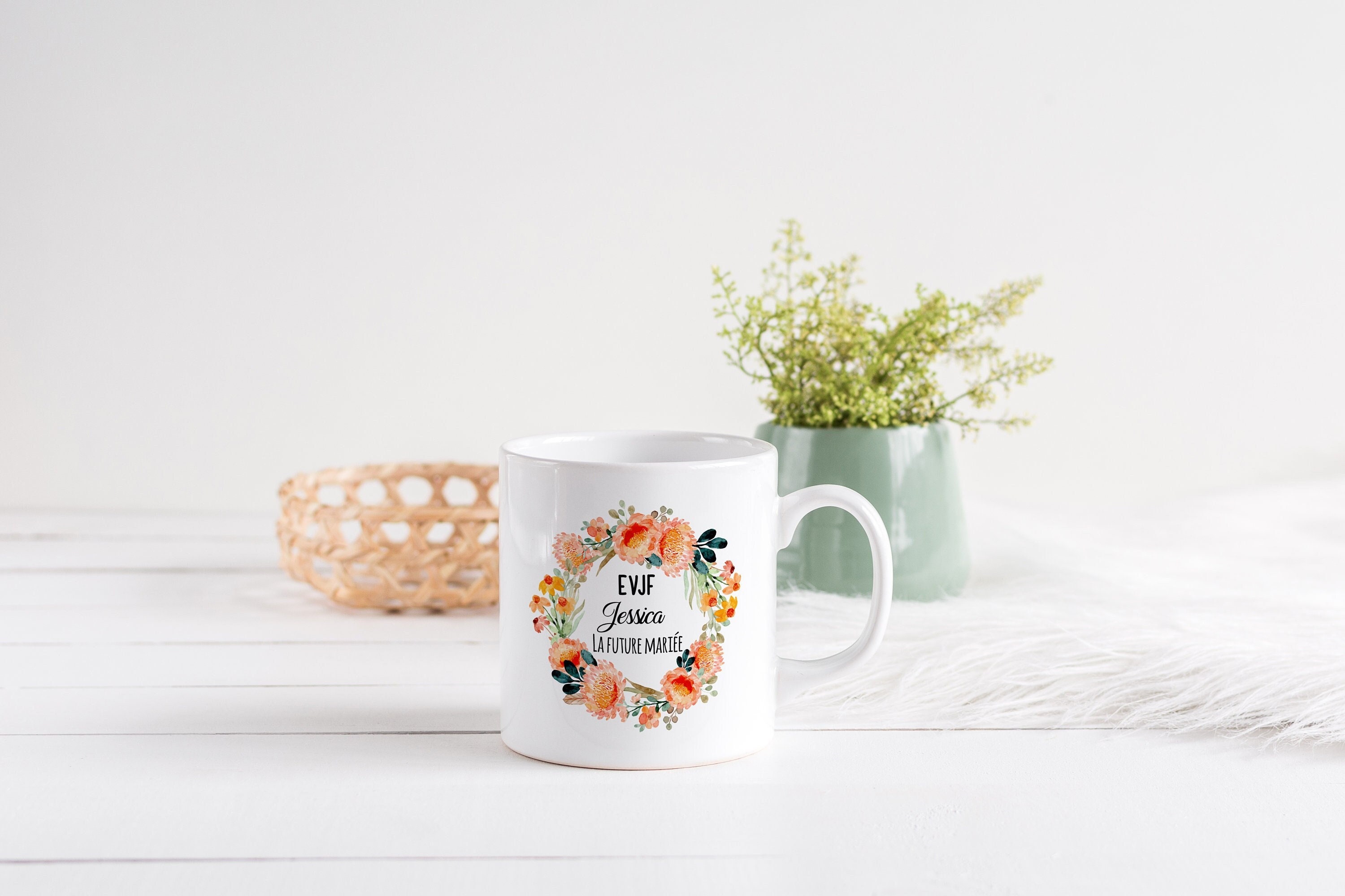 Mug Personnalisé Céramique, 325 ou 430Ml, Couronne de Fleurs Champêtre