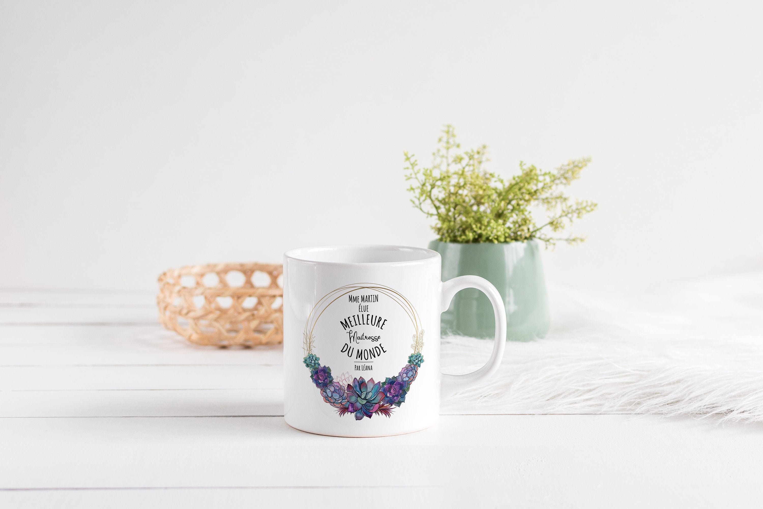 Mug Personnalisé Céramique, 325 ou 430Ml, Couronne de Fleurs, Succulentes