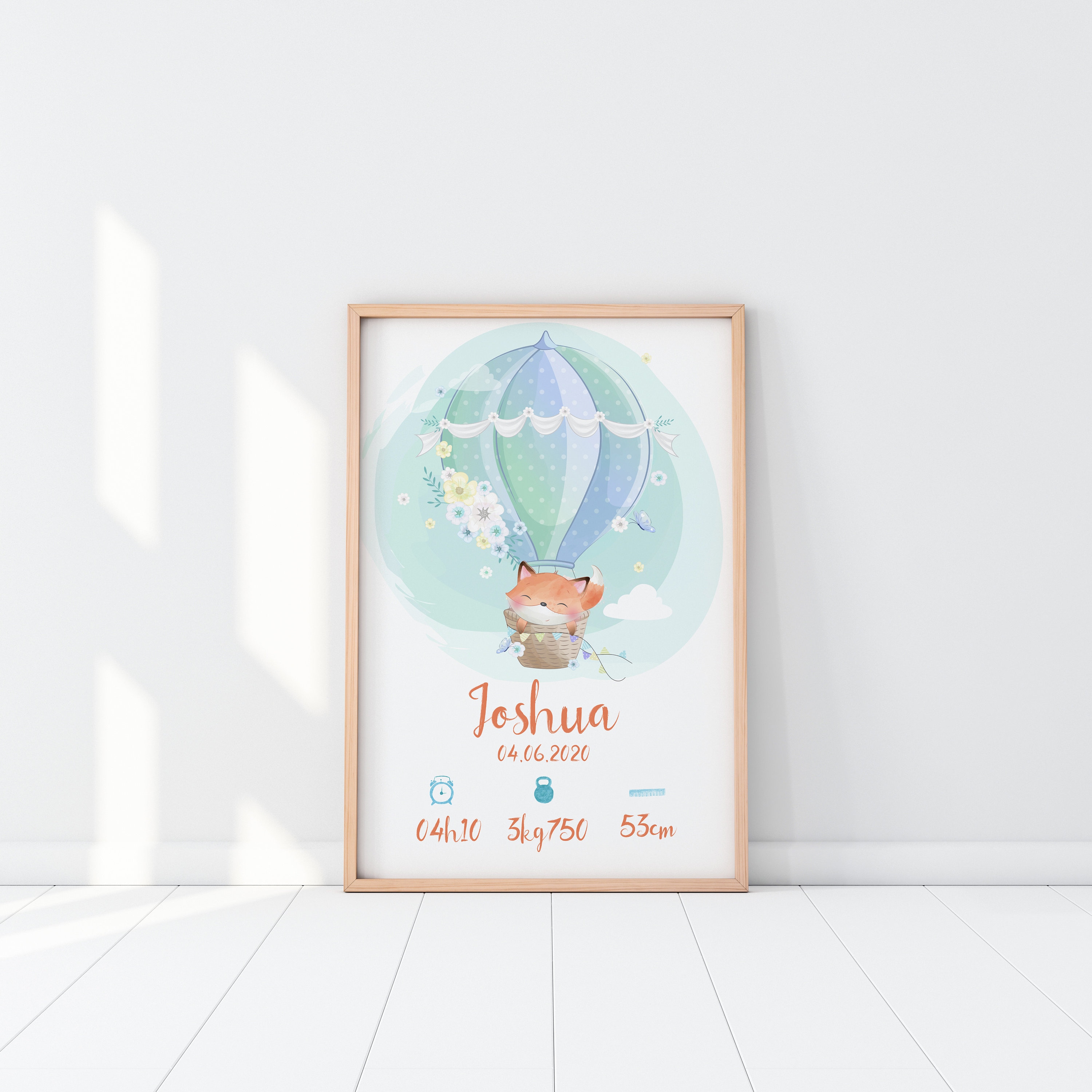 Affiche de Naissance à Personnaliser, Animal en Montgolfière, Style Aquarelle - Modèle Joshua