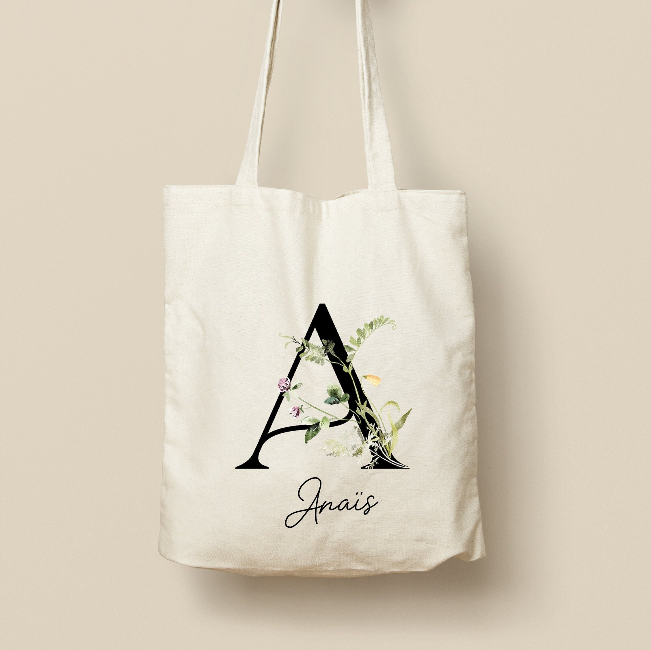 Customizable Cotton Tote Bag - Unique, Eco-Friendly and Reusable Gift, Flower Crown, Spring Initials Design