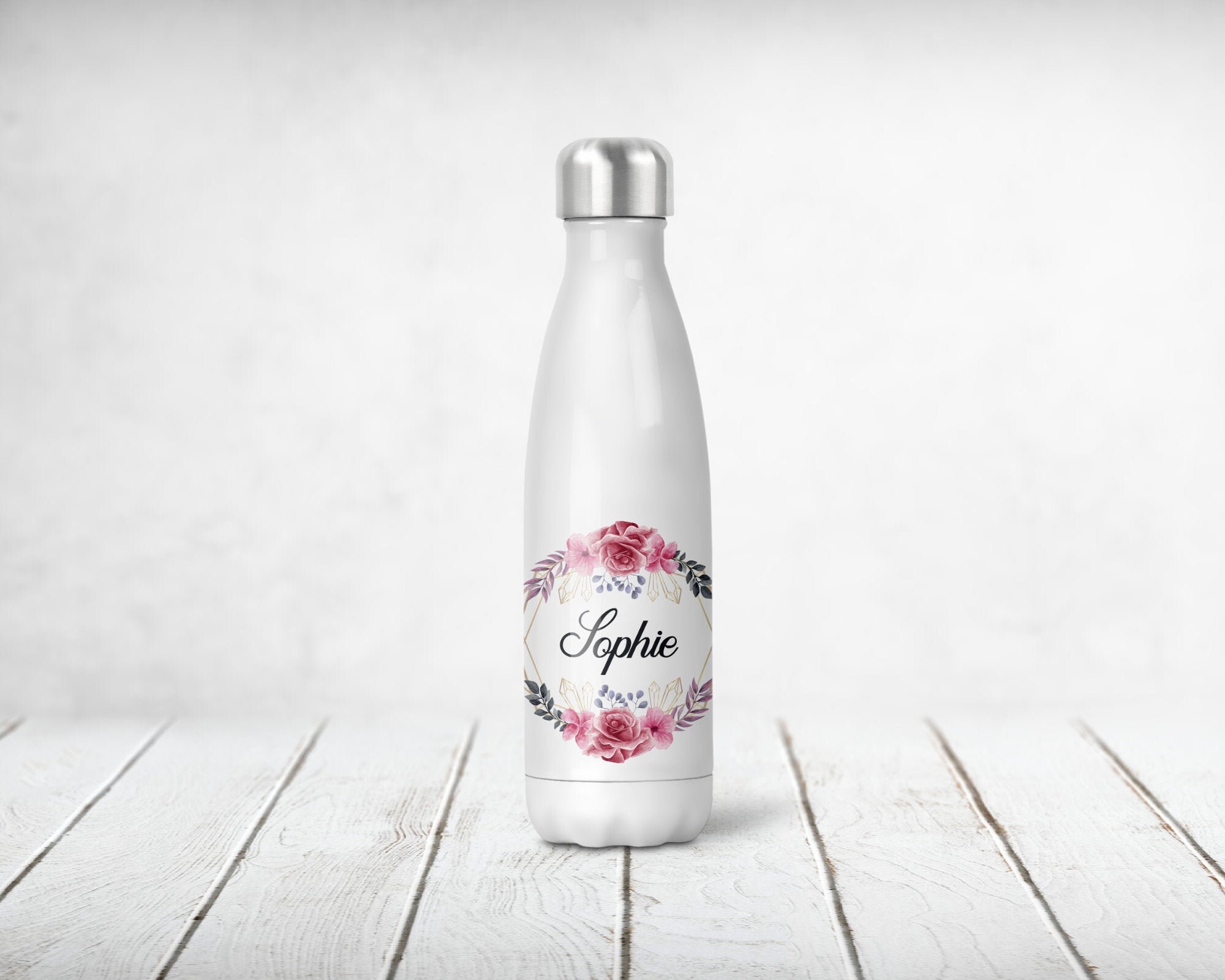 Bouteille Isotherme Personnalisée, Couronne de Fleurs, Roses et Or