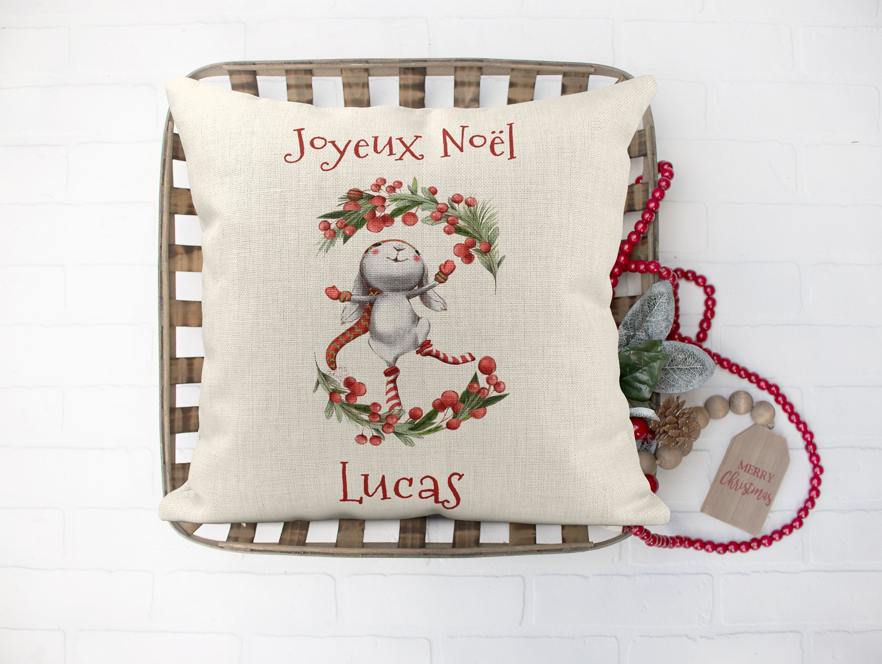 Coussin de Noël Personnalisé, Lapin Lutin