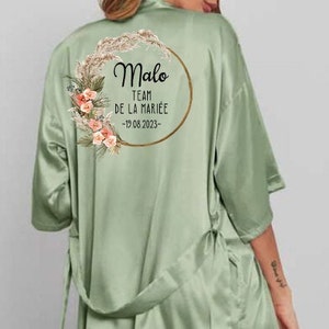 Peignoir en satin personnalisé pour Mariage, EVJF, Couronne de fleurs, Modèle Bohème Vert