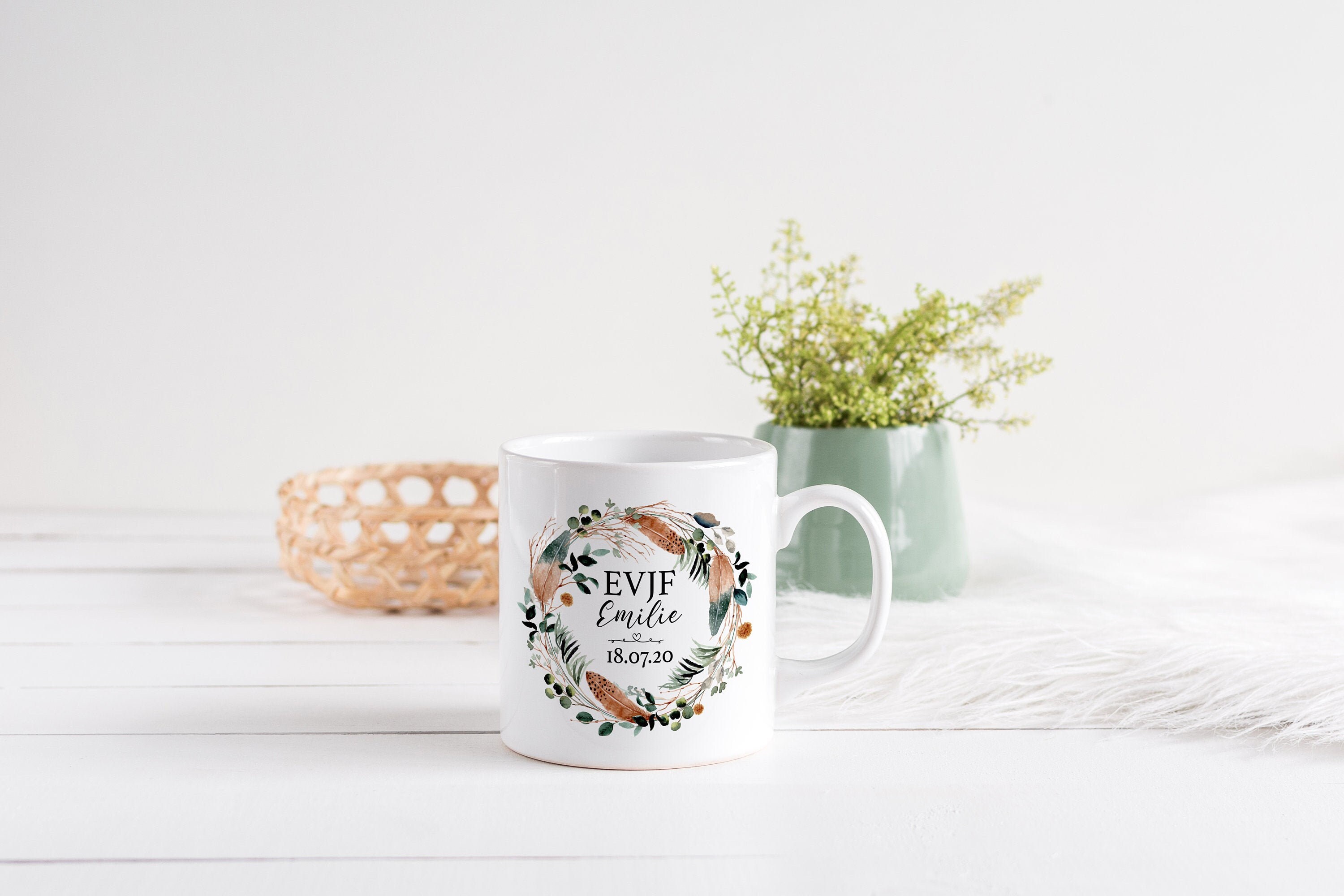 Mug Personnalisé Céramique, 325 ou 430Ml, Couronne de Fleurs Boho