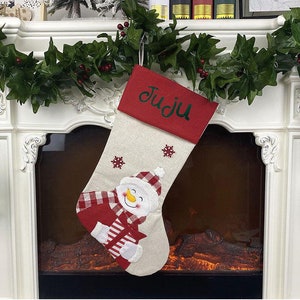 Embroidered Christmas sock, personalized with first name, 4 models to choose from, Natural/red model Bonhomme de Neige