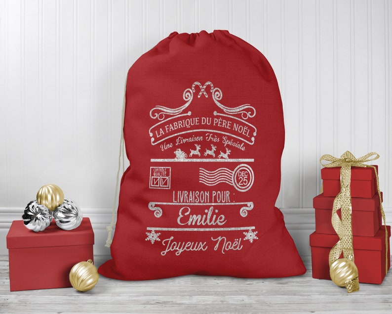 Sac de Noël personnalisé, Hotte à cadeaux couleur rouge, Livraison de cadeaux la fabrique du Père Noël image 5