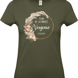 Tee Shirt EVJF personnalisé, Coupe classique Femme, 17 couleurs au choix, Couronne de fleurs, Modèle Bohème Kaki