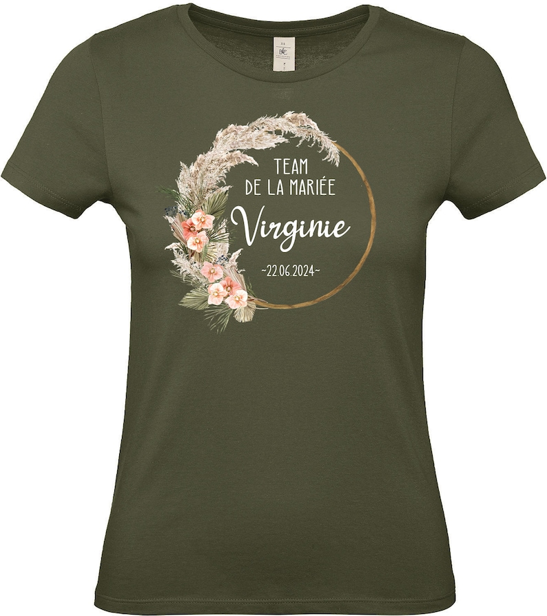 Tee Shirt EVJF personnalisé, Coupe classique Femme, 17 couleurs au choix, Couronne de fleurs, Modèle Bohème Kaki