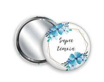 Miroir de poche à personnaliser, Couronne de fleurs bleues + Pochon cadeau