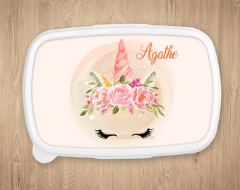 Boîte à repas personnalisée, Modèle Licorne Aquarelle Rose