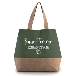 Large Personalized Cotton and Jute Bag, Gift for Mom, Teacher, Nanny... to personalize. 7 colors to choose from Vert