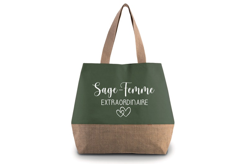 Large Personalized Cotton and Jute Bag, Gift for Mom, Teacher, Nanny... to personalize. 7 colors to choose from Vert