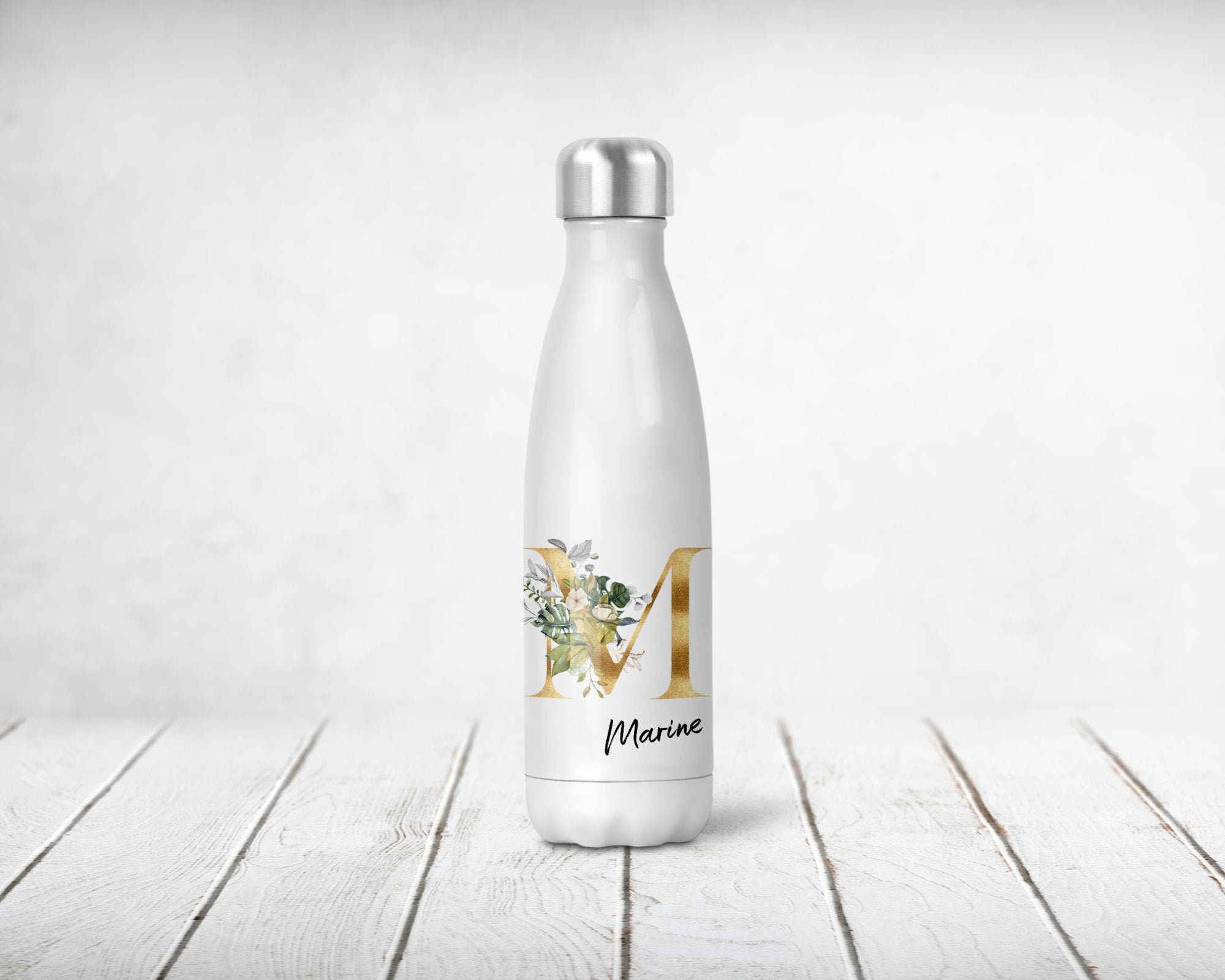 Bouteille Isotherme Personnalisée, Initiale Or et Fleurs Blanches
