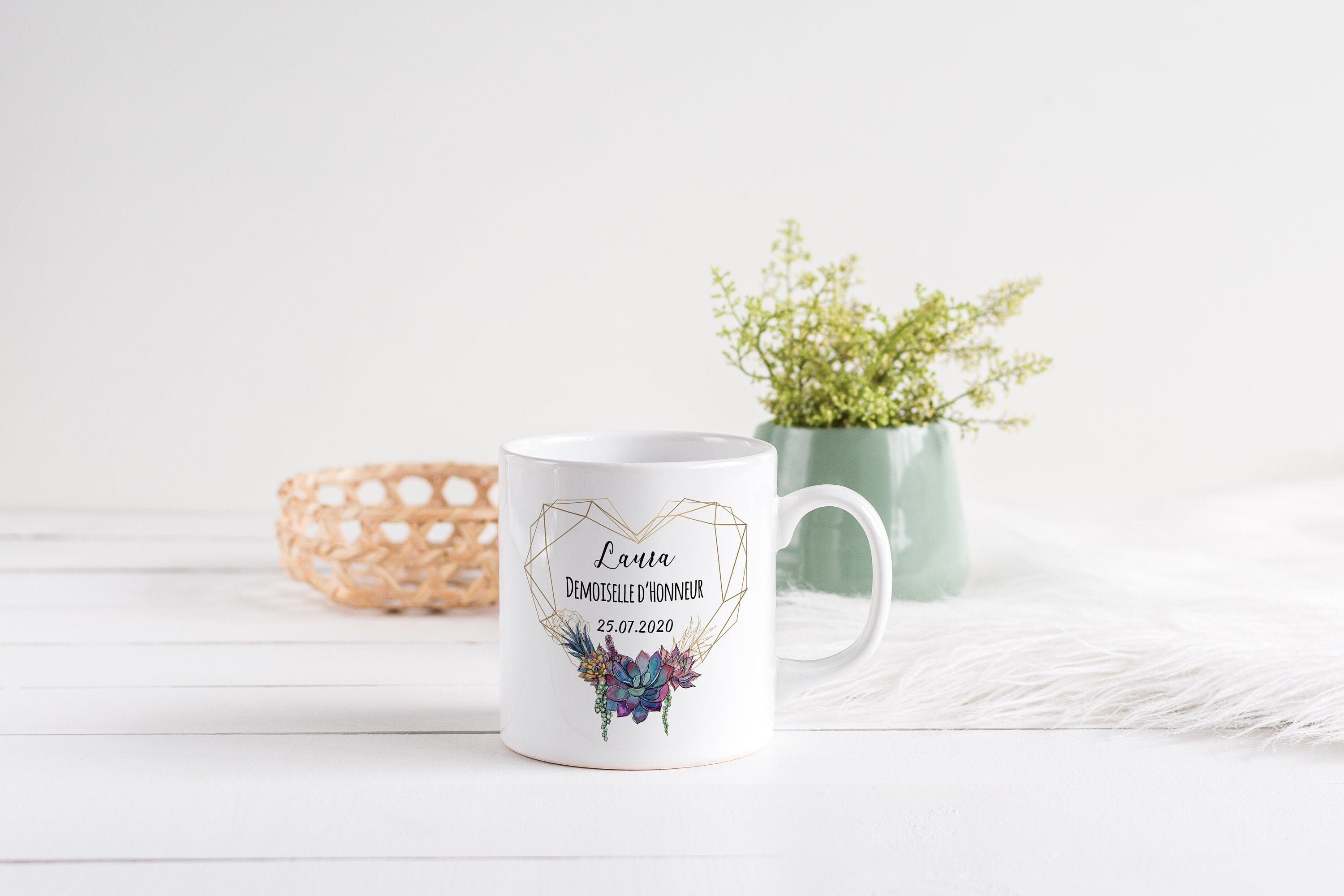 Mug Personnalisé Céramique, 325 ou 430Ml, Couronne de Fleurs, Succulentes