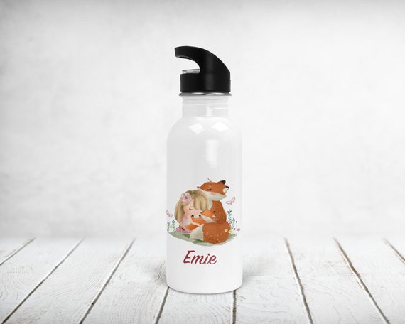 Personalized Water Bottle, Straw Stopper, Little Girl Model With Foxes 