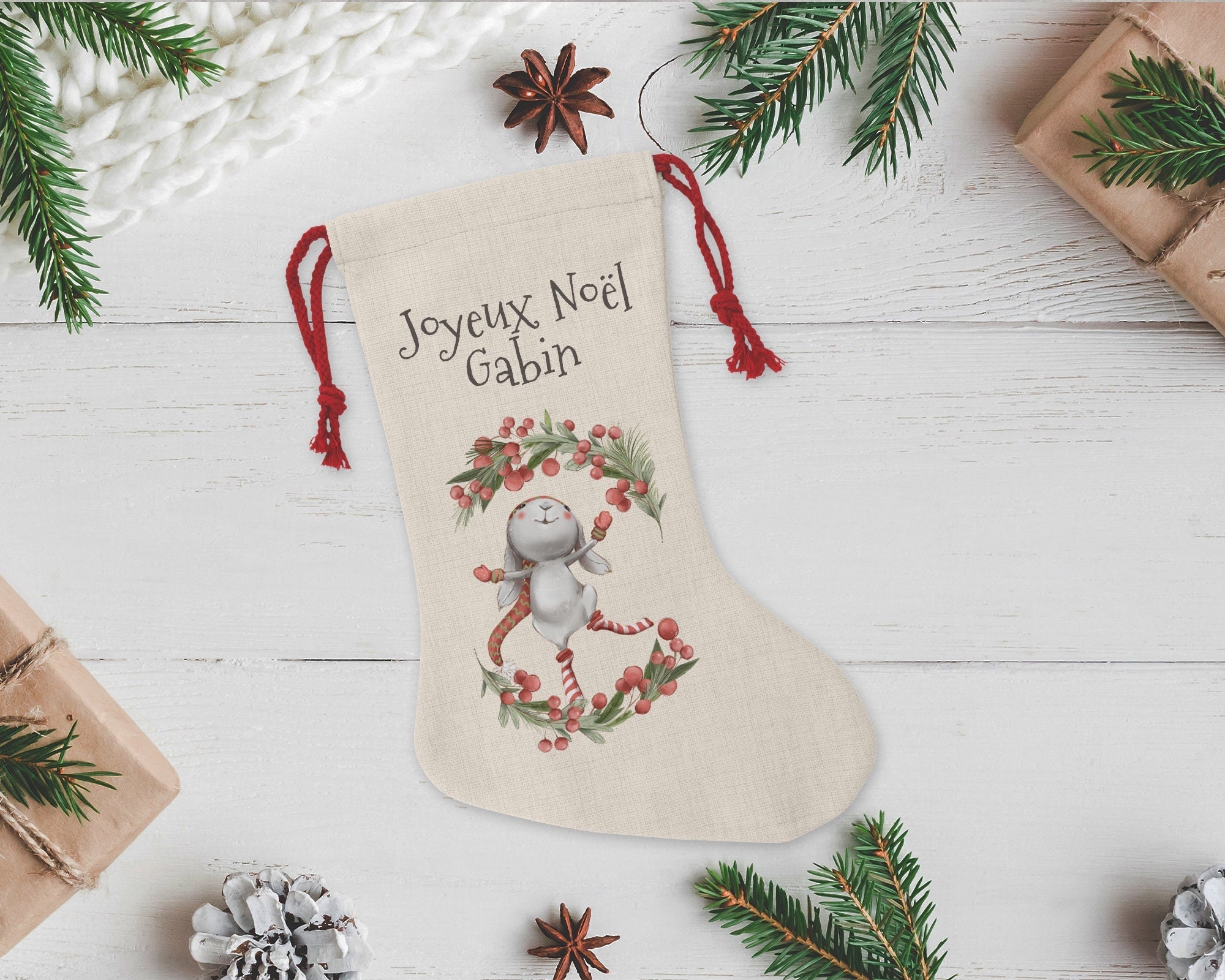 Chaussette de Noël Personnalisée, Lapin Lutin